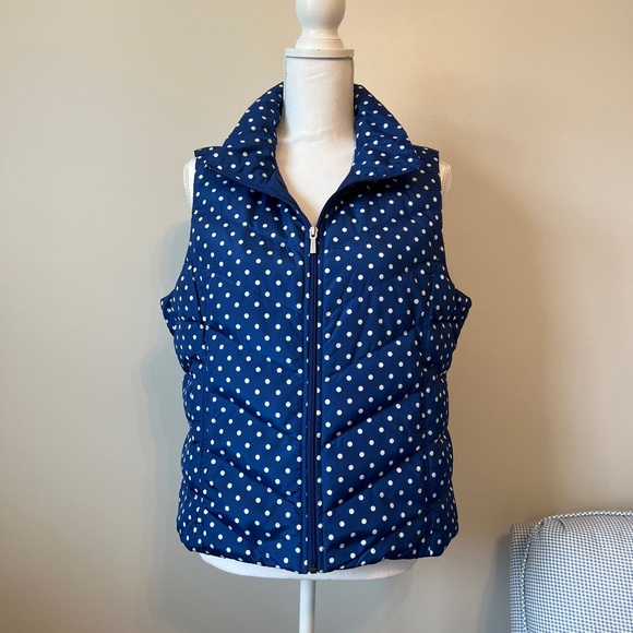 Lands' End Puffer Down Vest Blue with White Polka Size M/P 10-12 Full Zip - Picture 3 of 11